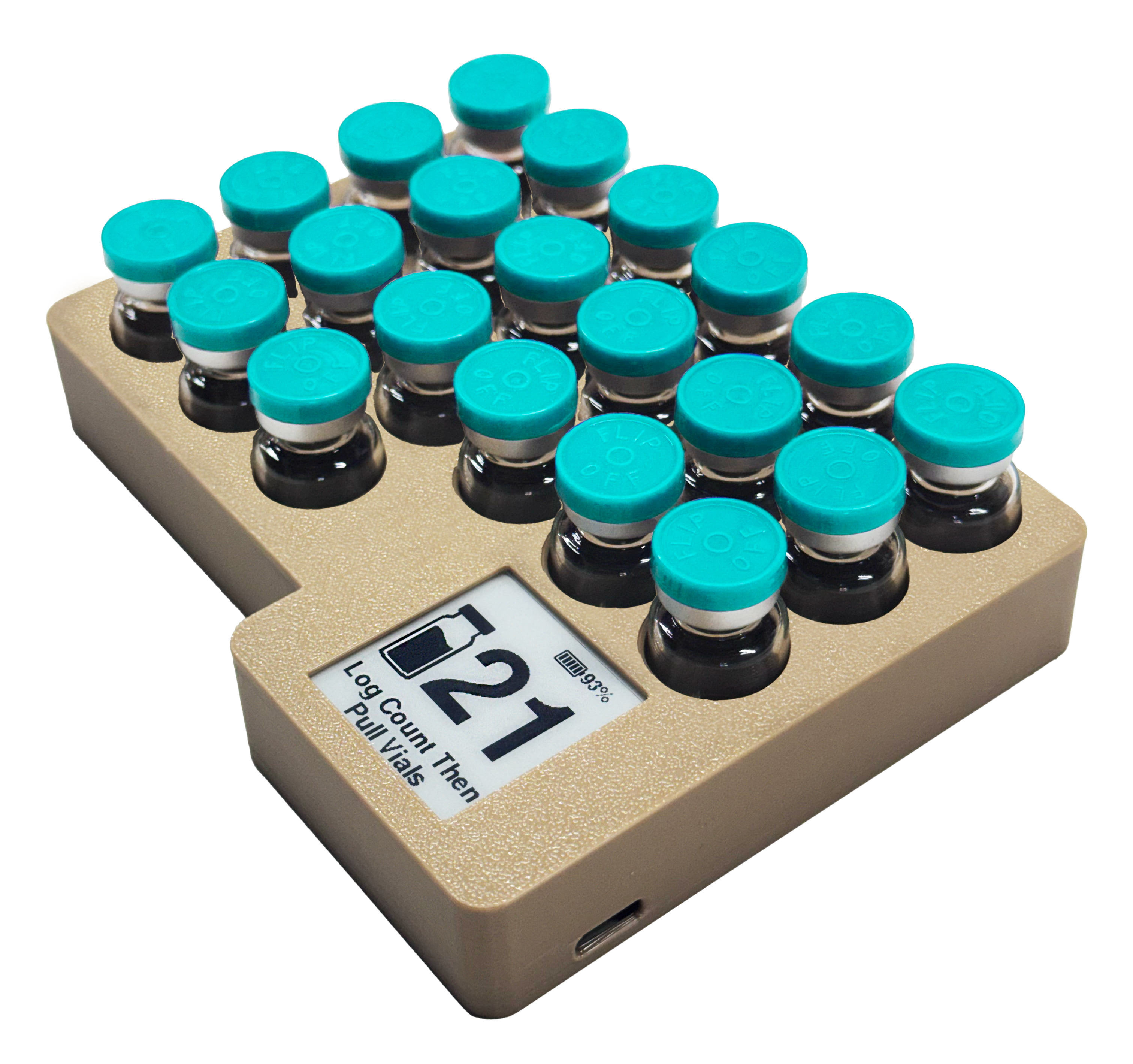 VialView Smart Tray side view with 21 vials and e-paper display