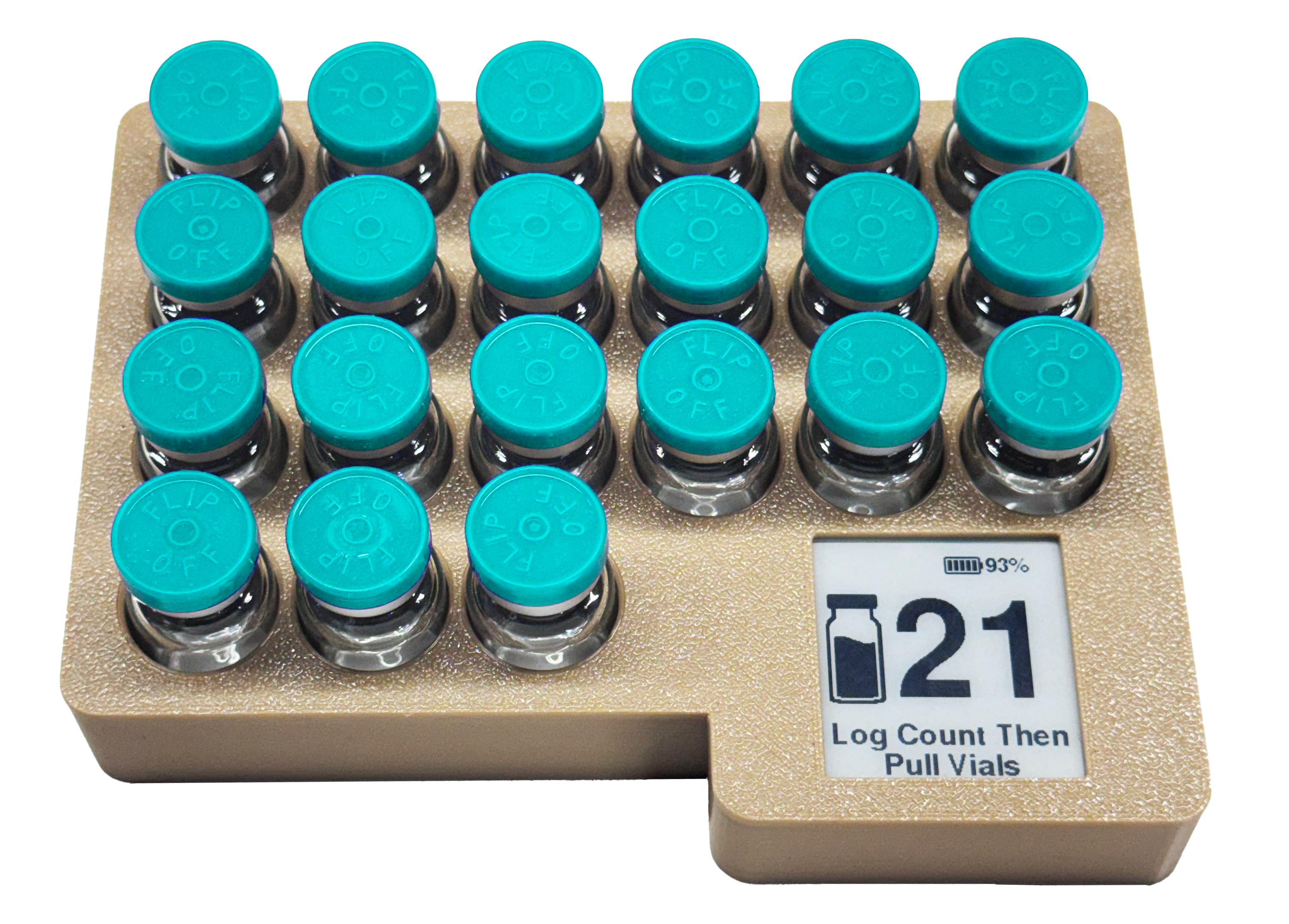 VialView Smart Vial Tray showing 21 vials with e-paper count display reading 21
