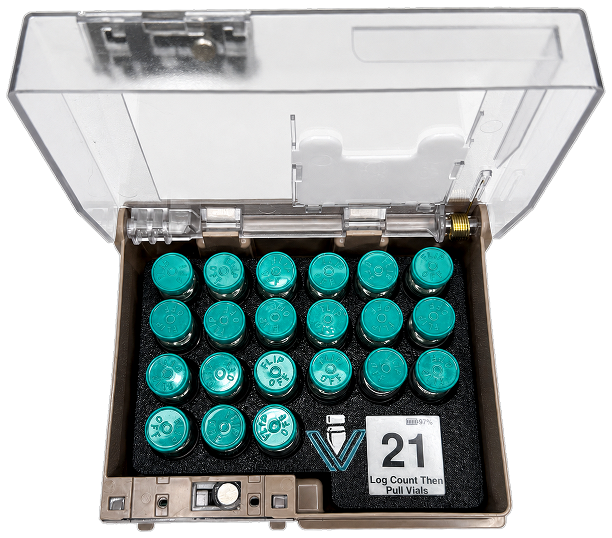 VialView&trade; 1x2 tray with teal vial caps in an open Pyxis Half-Height Cubie pocket