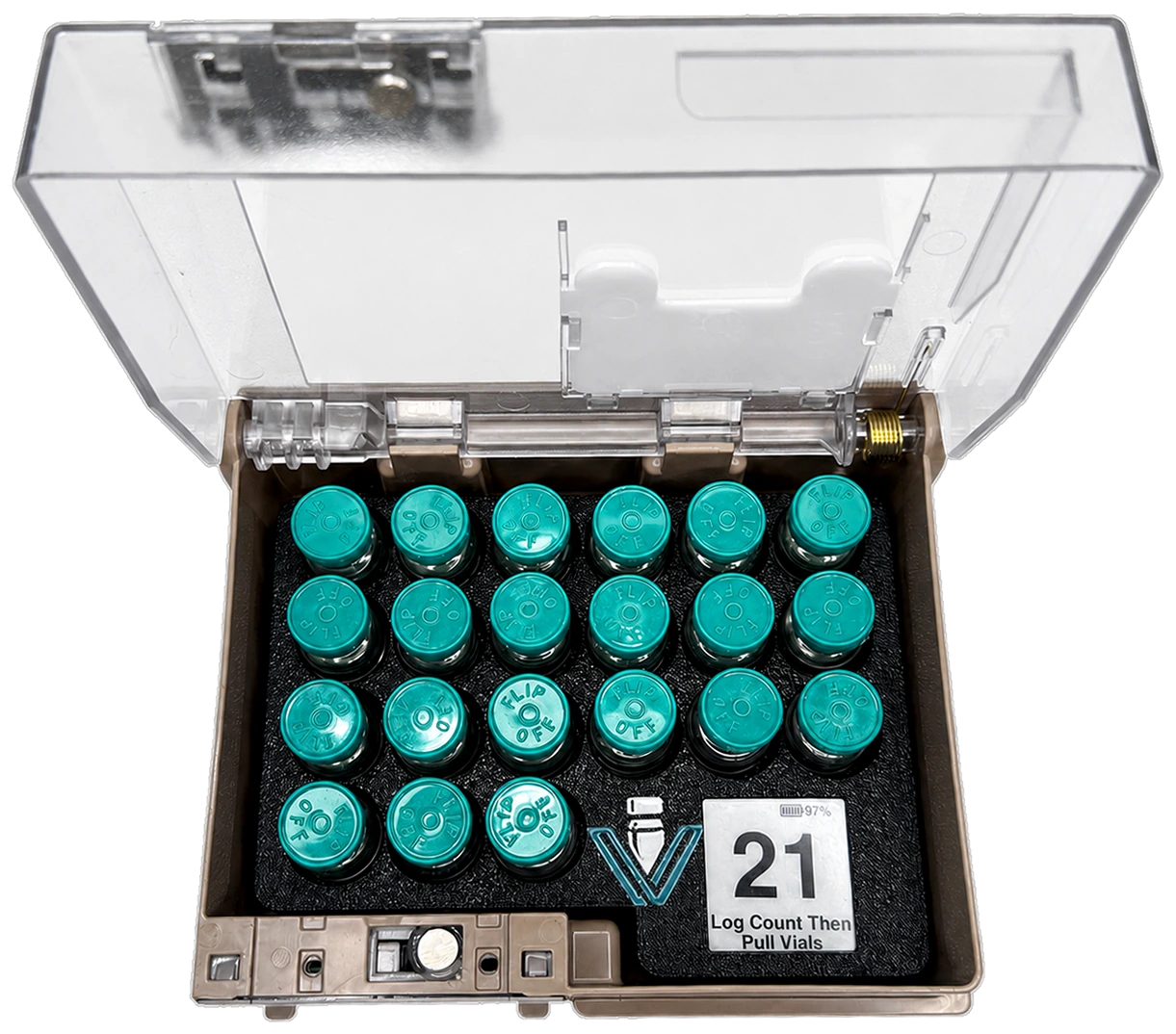 VialView&trade; 1x2 tray with teal vial caps installed in an open Pyxis Half-Height Cubie pocket