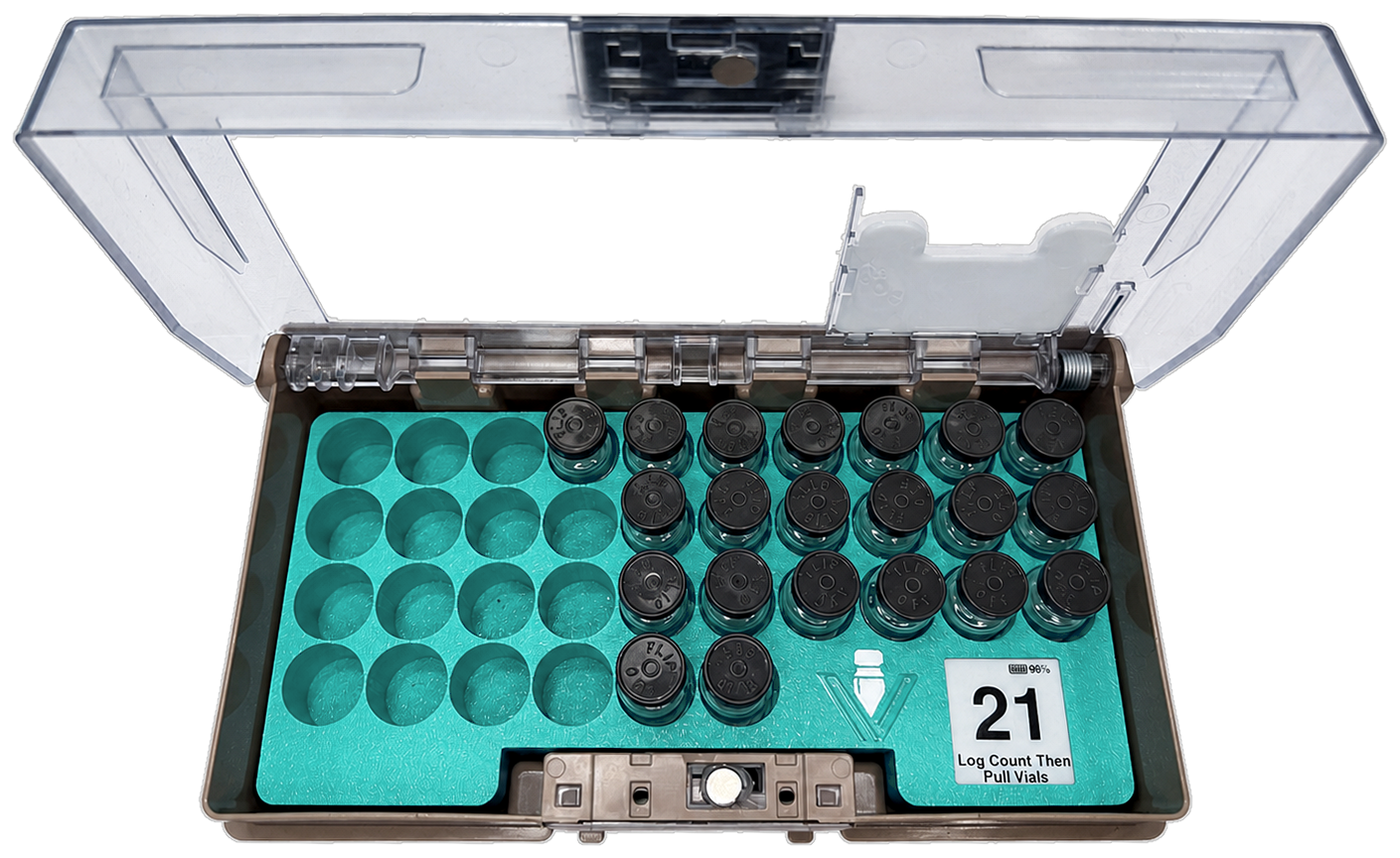 VialView&trade; 1x3 tray with black vial caps in an open Pyxis Half-Height Cubie pocket