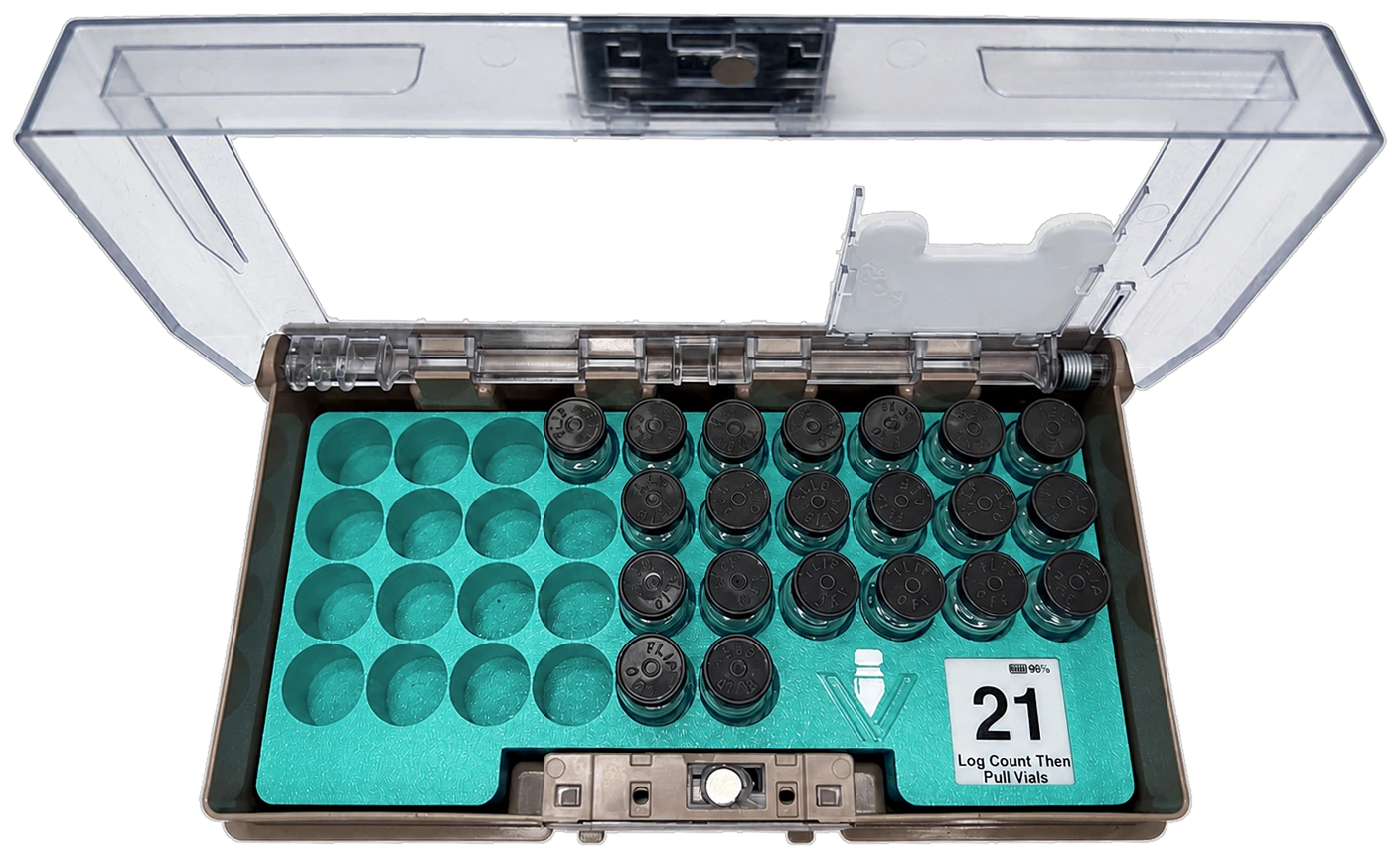 VialView&trade; 1x3 tray with black vial caps installed in an open Pyxis Half-Height Cubie pocket