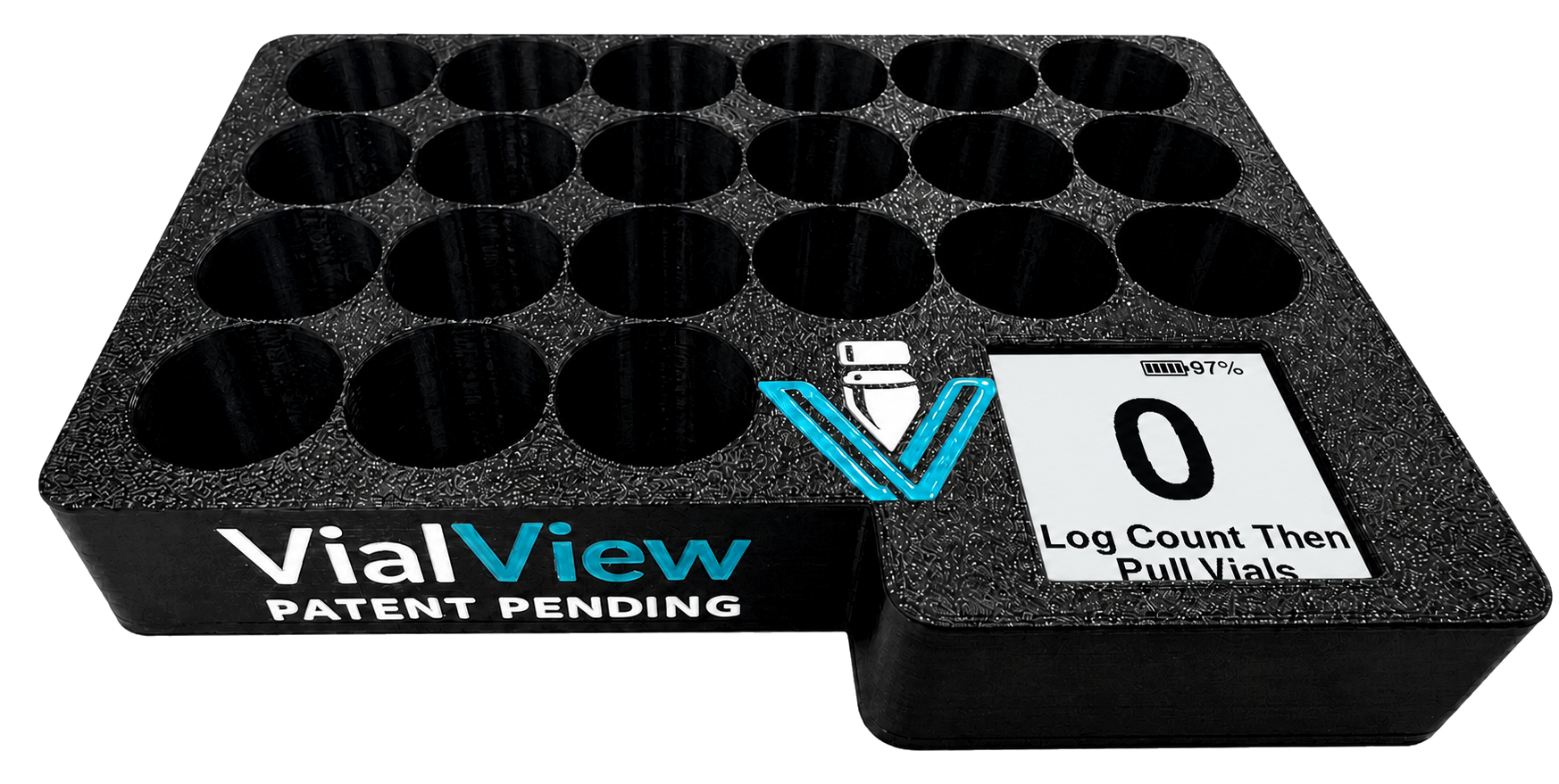 Black VialView&trade; Smart Vial Tray showing an empty tray with count display reading 0